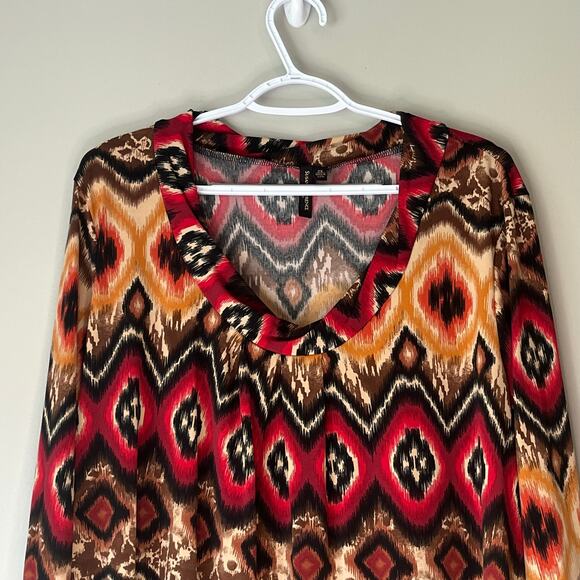 Susan Lawrence Red / Black / Brown Patterned 3/4 Sleeve Blouse Size 2X - Picture 4 of 10
